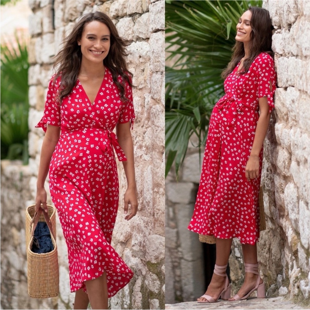 Seraphine Red Midi Wrap Maternity Dress Floral Print US 2 Petite